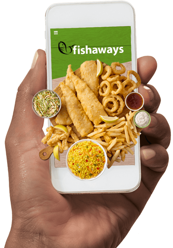 hand holding smartphone with fishaways meals