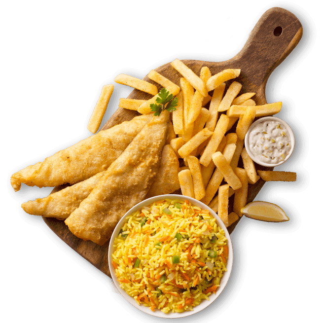 Hake fillets with chips and rice on a wooden board