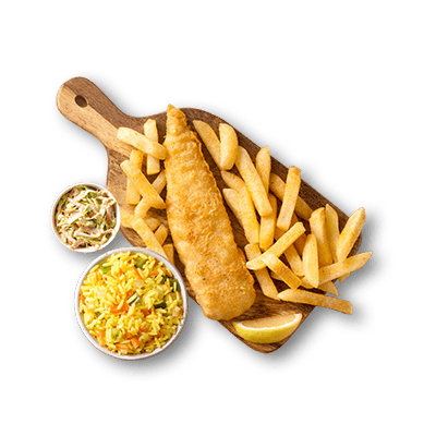 Crispy battered fish fillet served with chips on a wooden board, accompanied by savory rice, coleslaw, and a lemon wedge.