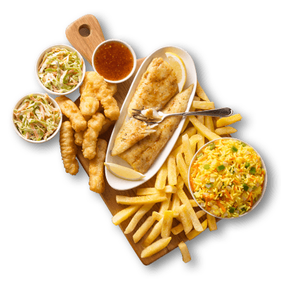 Seafood platter with grilled fish fillets, fried calamari strips, french fries, savory rice, coleslaw, and sauce.