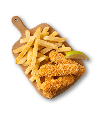 Crispy golden fried fish strips served with french fries and a fresh lemon wedge on a wooden board.