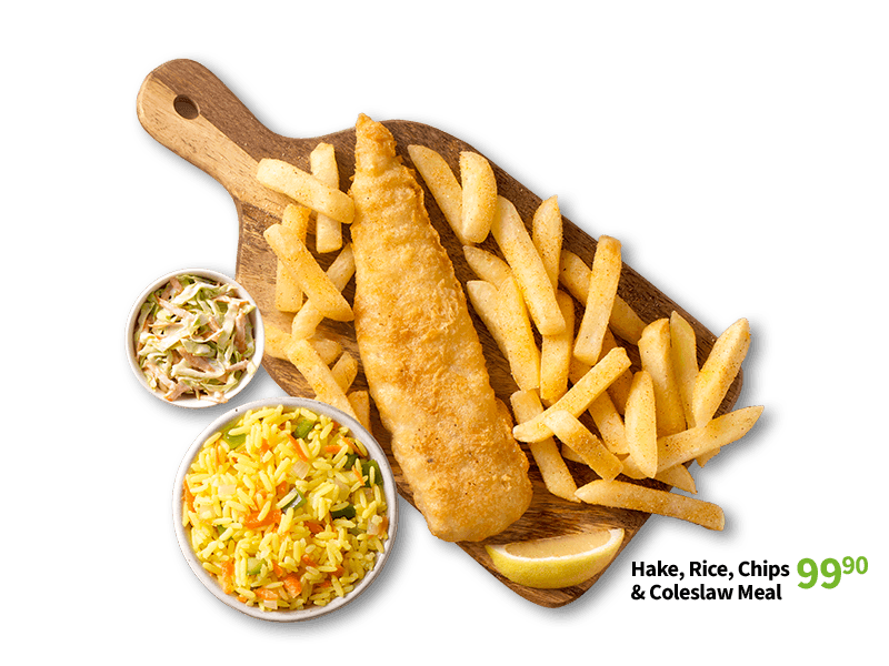 hake chips and prawns meal for 94.90