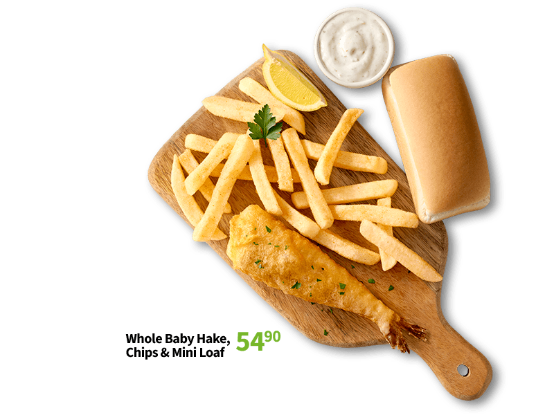 hake chips and prawns meal for 94.90