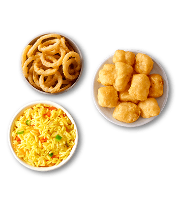 Crispy golden onion rings, savory yellow rice with vegetables, and battered fish pieces in three separate bowls.