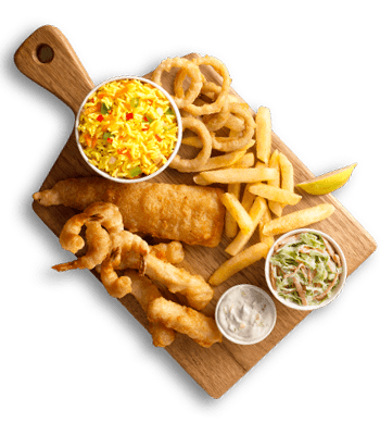 A selection of fish and chips with small hake, rice, chips, calamari strips & coleslawSeafood platter for one with fried fish fillet, prawns, calamari rings, chips, savoury rice, coleslaw, and tartar sauce.