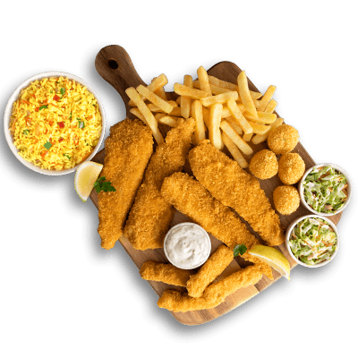 Crispy golden petite hake served on a wooden board with french fries, yellow seasoned rice, coleslaw, and dipping sauce.