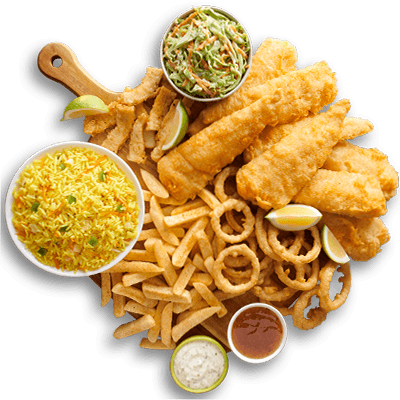 Fried seafood platter with golden battered fish fillets, french fries, calamari rings, yellow rice, coleslaw, and sauces.