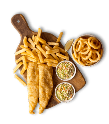 Crispy battered fish fillets served with golden french fries, coleslaw, lemon wedge, and a bowl of fried calamari.
