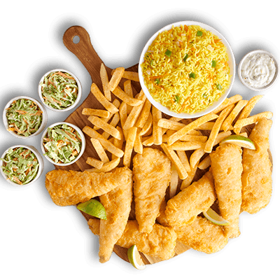 Crispy golden battered fish fillets served with French fries, savory yellow rice, coleslaw, and dipping sauce.
