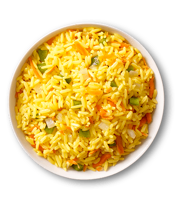 Seasoned yellow rice in a white bowl