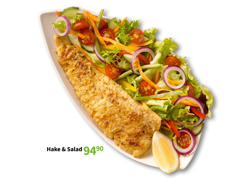 Pan-seared fish fillet served with a fresh garden salad, red onions, cherry tomatoes, and a lemon wedge.