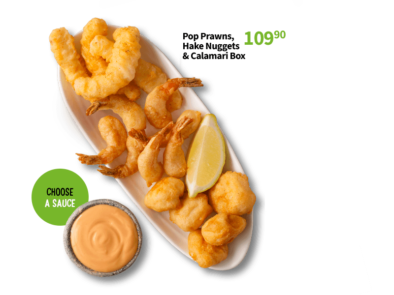 Golden-fried Pop Prawns, Hake Nuggets, and Calamari in a white dish, with a lemon wedge and orange dipping sauce.
