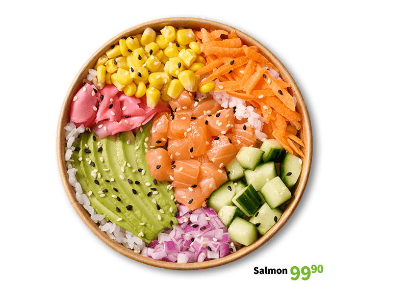 A fresh salmon poke bowl with rice, diced salmon, avocado, cucumber, shredded carrots, corn, pickled ginger, and red onion, all topped with sesame seeds.
