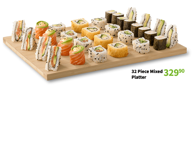 Large sushi platter featuring a variety of salmon rolls, maki, tempura rolls, and fashion sandwiches served on a wooden board.