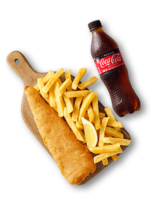 Golden battered fish fillet with chips and a lemon wedge on a wooden board, paired with a bottle of Coca-Cola.