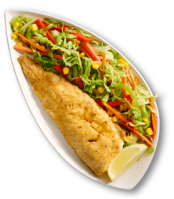 Pan-seared golden fish fillet served alongside a vibrant mixed vegetable salad and lemon wedge on a white dish.