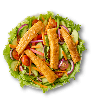 Fresh garden salad topped with crispy hake strips, cherry tomatoes, cucumber slices, red onion, and shredded carrots.