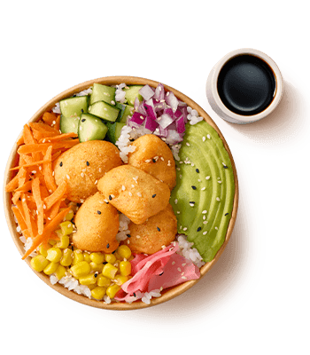 Poke bowl: crispy hake, avocado, cucumber, carrots, corn, red onion, pickled ginger, and rice, with a side of soy sauce.