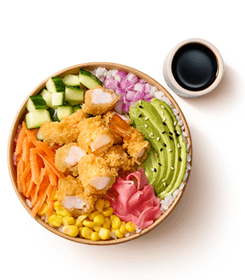 Tempura shrimp poke bowl with avocado, cucumber, carrots, corn, pickled ginger, and red onion. Served with soy sauce.