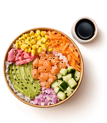 Vibrant salmon poke bowl with fresh avocado, cucumber, sweet corn, shredded carrots, pickled ginger, and sesame seeds. Includes soy sauce.