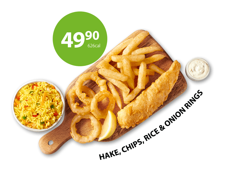 Fish and chips platter consisting of 6 petite fried hake fillets, large chips, and large rice for a family to share.