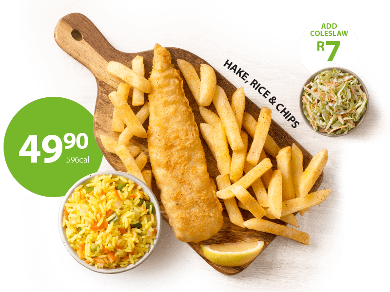 Fish and chips platter consisting of 6 petite fried hake fillets, large chips, and large rice for a family to share.