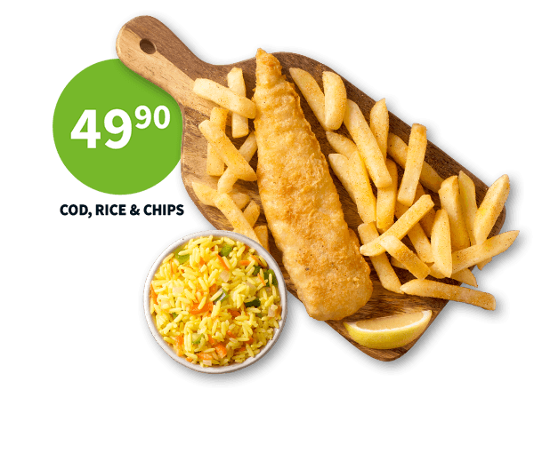 Two Fishaways seafood meals on wooden boards: Cod, Chips & Rice and Trio Family Meal with hake, chips, and rice. Includes option to add coleslaw for R7.