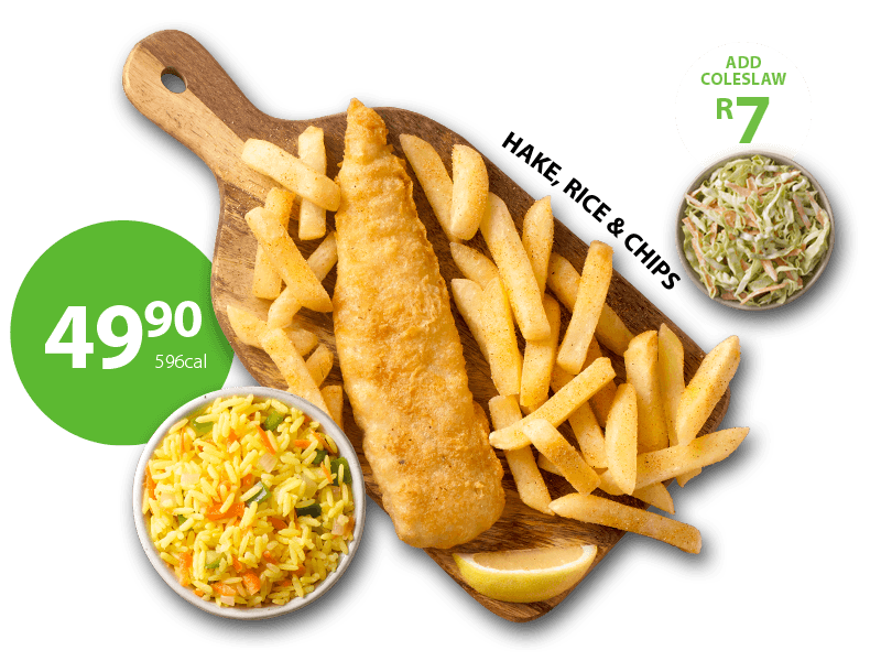 Fish and chips platter consisting of 6 petite fried hake fillets, large chips, and large rice for a family to share.