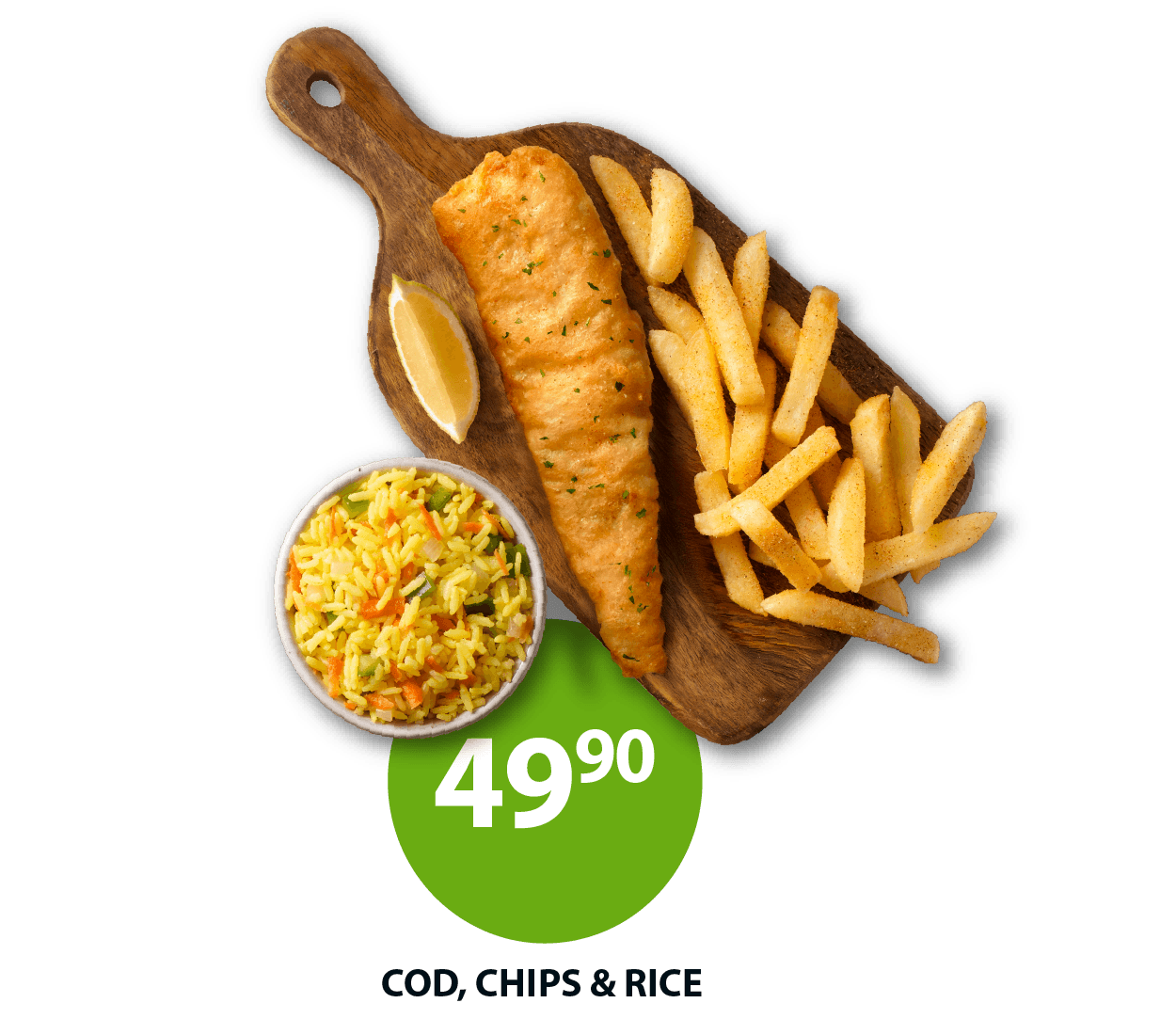 Two Fishaways seafood meals on wooden boards: Cod, Chips & Rice and Trio Family Meal with hake, chips, and rice. Includes option to add coleslaw for R7.