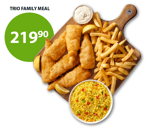 Two Fishaways seafood meals on wooden boards: Hake, Rice & Chips and Trio Family Meal with hake, chips, and rice. Includes option to add coleslaw for R7.