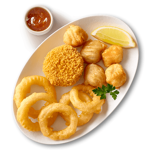 Hake nuggets, calamari strips & squiggly pops with a sauce