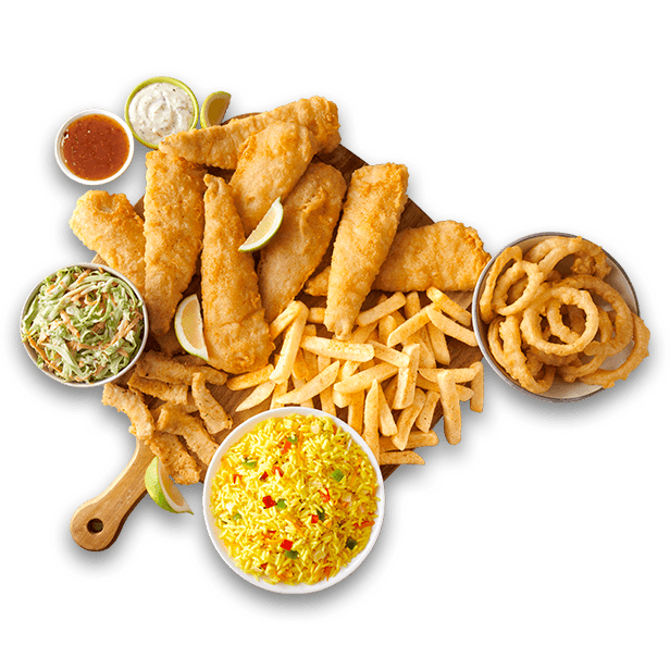 Assortment of grilled prawns, crispy calamari rings, fish fillets, and grilled baby octopus with fries and fresh salad greens