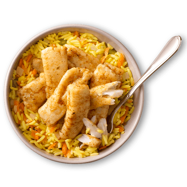 Hake pot bowl of rice with hake strips