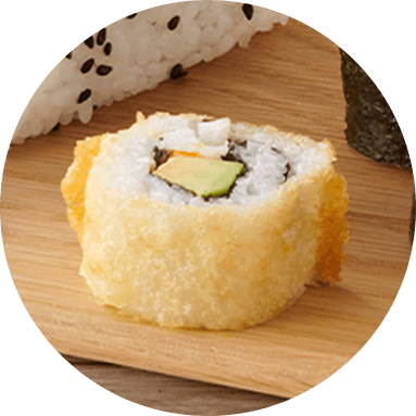 Pop prawn sushi on a wooden board