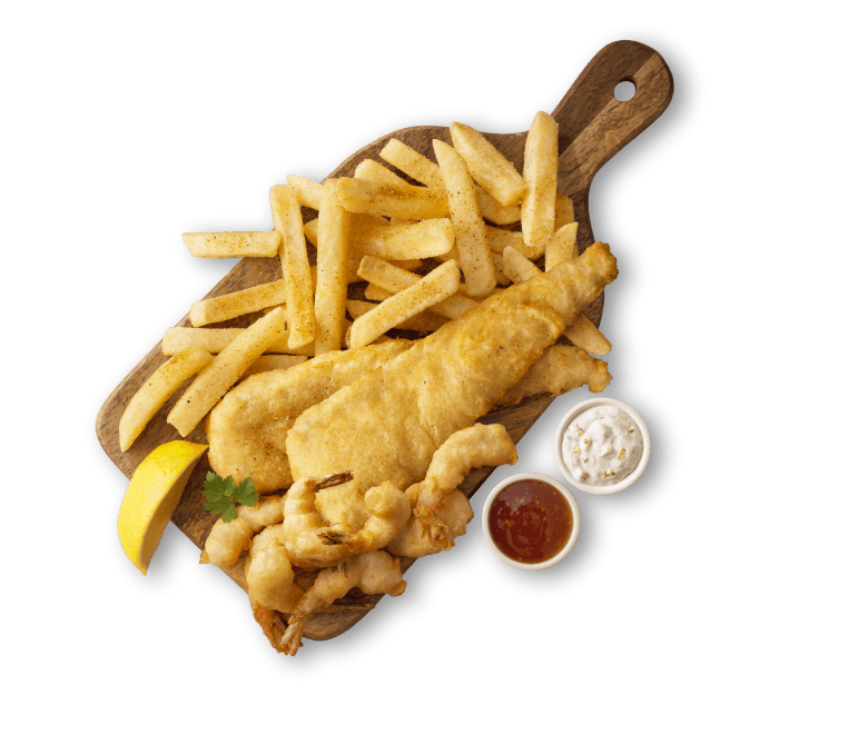 Prawns, fish and chips with sauces on a wooden board