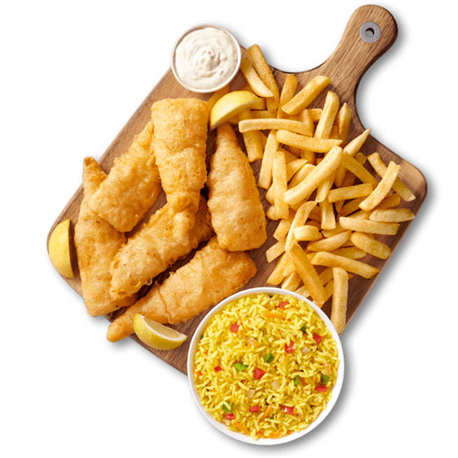 Hake fillets with chips and rice on a wooden board