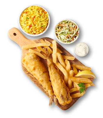 Two servings of baby hake on the bone with a portion of chips on a wooden board next to a bowl of sauce.
