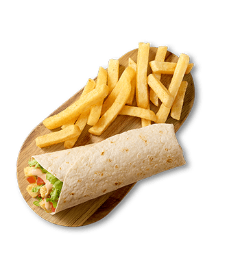 Calamari wrap with chips on a wooden board
