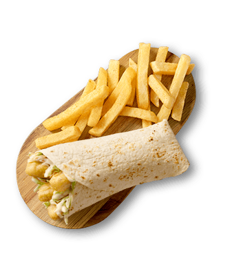 Calamari wrap with chips on a wooden board