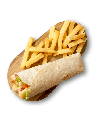 Hake wrap with chips on a wooden board.