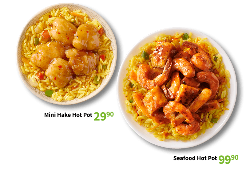 Two rice bowls featuring fish nuggets for 29.90 and grilled prawns with fish for 99.90.