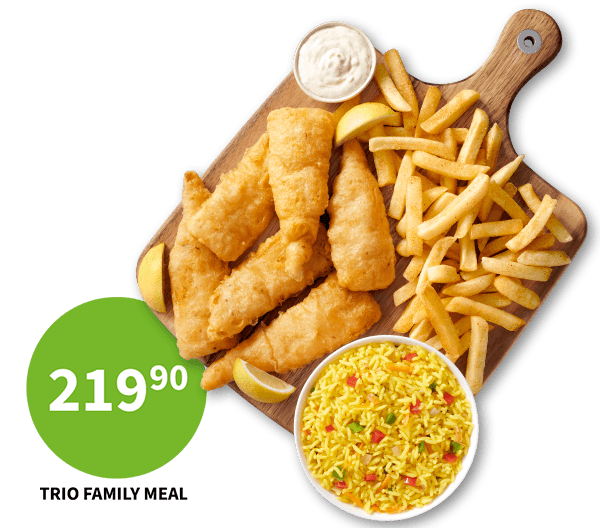 Two Fishaways seafood meals on wooden boards: Hake, Rice & Chips and Trio Family Meal with hake, chips, and rice. Includes option to add coleslaw for R7.