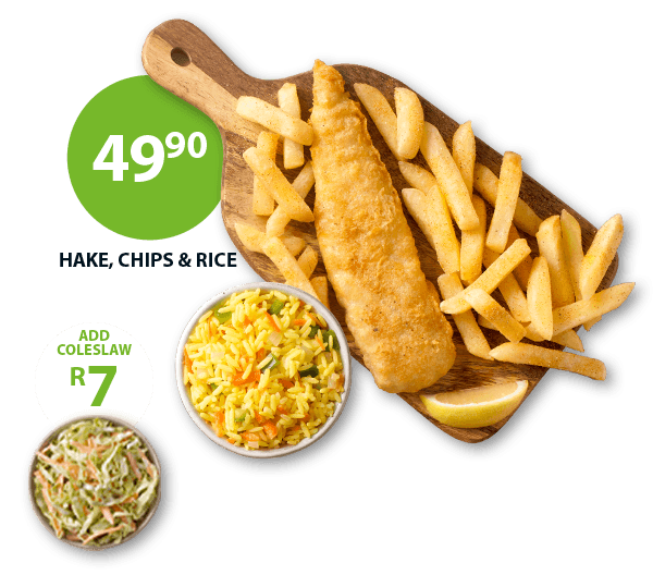 Two Fishaways seafood meals on wooden boards: Cod, Chips & Rice and Trio Family Meal with hake, chips, and rice. Includes option to add coleslaw for R7.