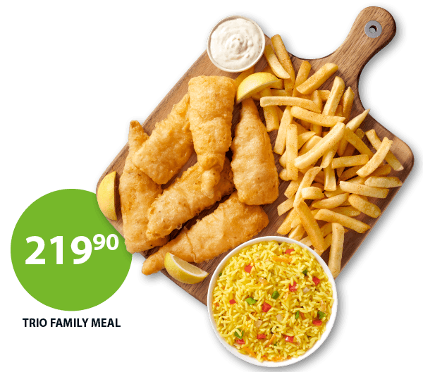Two Fishaways seafood meals on wooden boards: Hake, Rice & Chips and Trio Family Meal with hake, chips, and rice. Includes option to add coleslaw for R7.