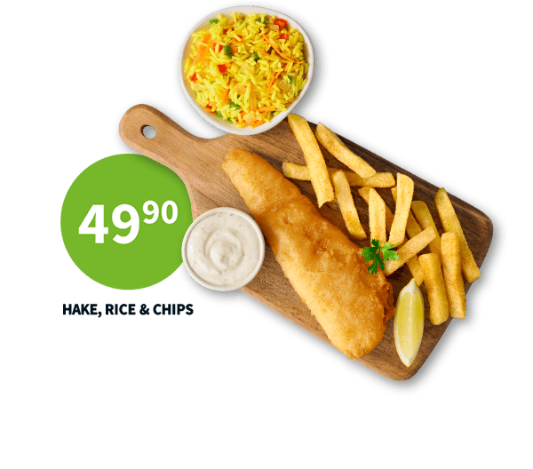 Two Fishaways seafood meals on wooden boards: Cod, Chips & Rice and Trio Family Meal with hake, chips, and rice. Includes option to add coleslaw for R7.