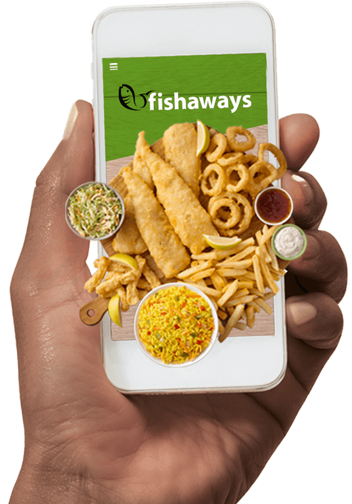 hand holding smartphone with fishaways meals