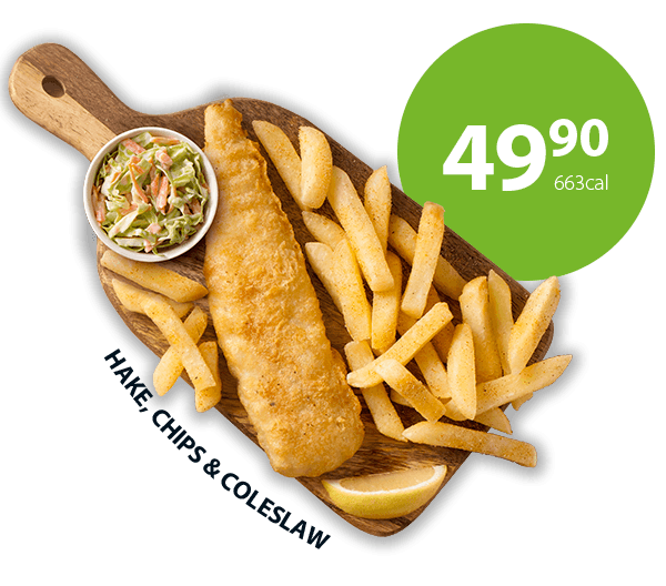 Fish and chips platter consisting of 6 petite fried hake fillets, large chips, and large rice for a family to share.