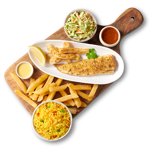 Hake fillets with chips, pop prawns and rice on a wooden board