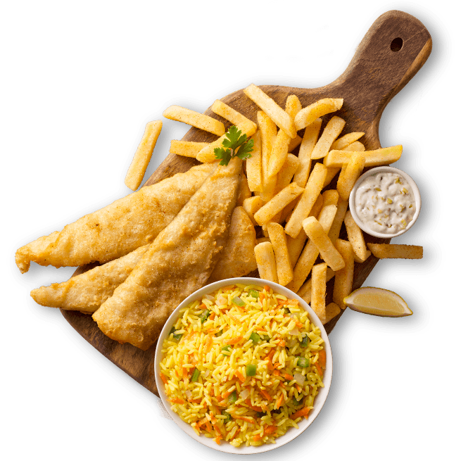 Hake fillets with chips and rice on a wooden board