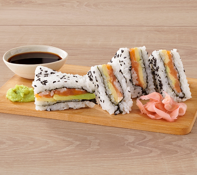 Triangular fashion sandwiches layered with rice, nori and fillings